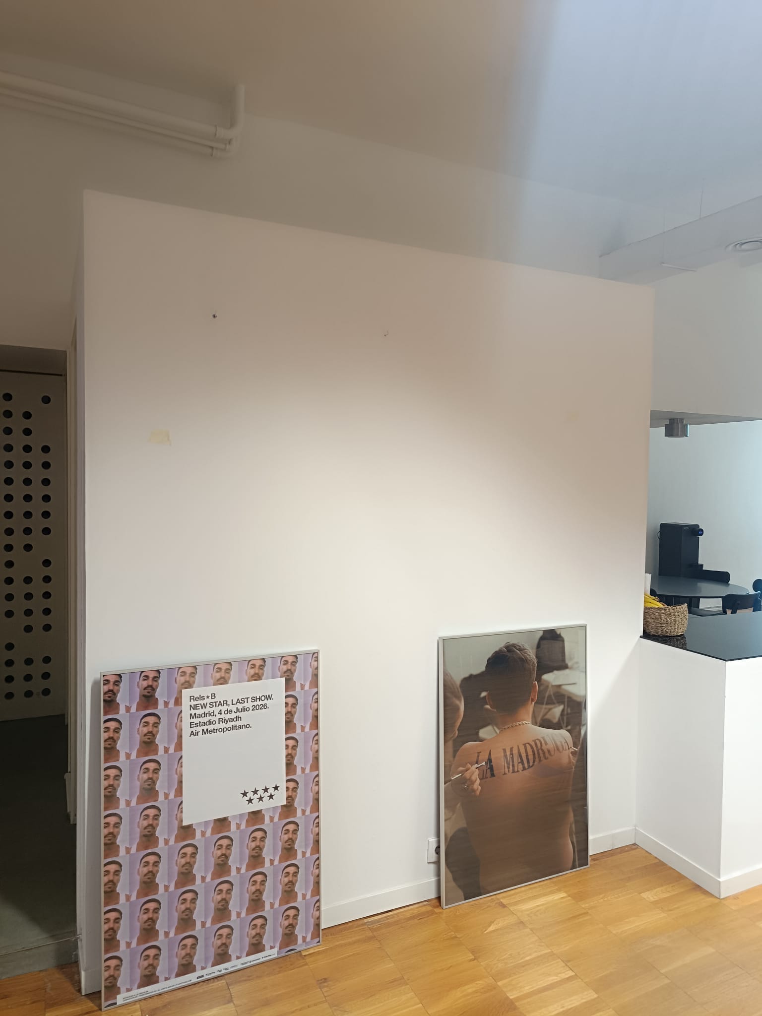 Dos obras grandes colocadas sobre pared blanca en espacio interior